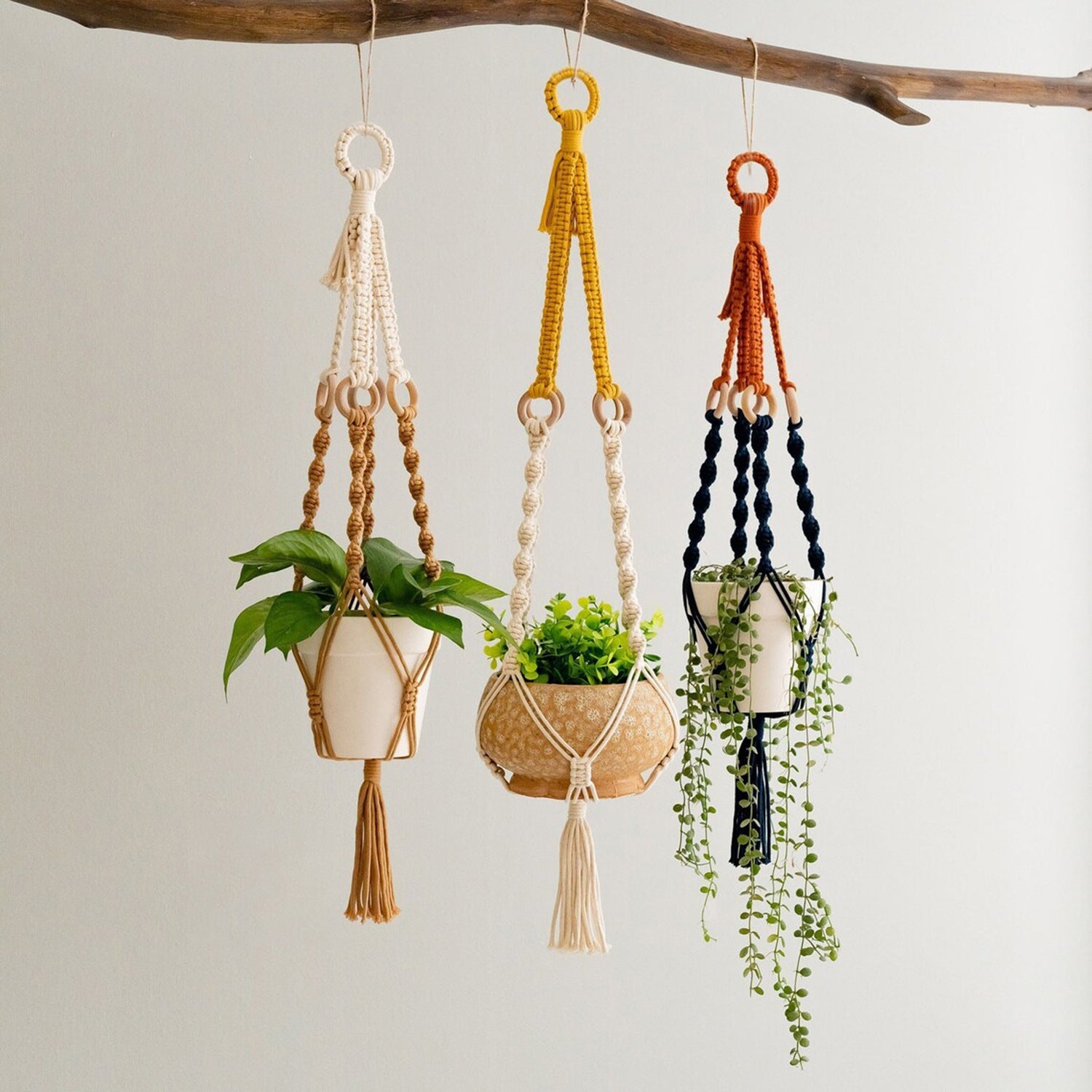 Handwoven Plant Hanger-Cotton Rope Hanging Planter with Wooden Rings (3 pcs)